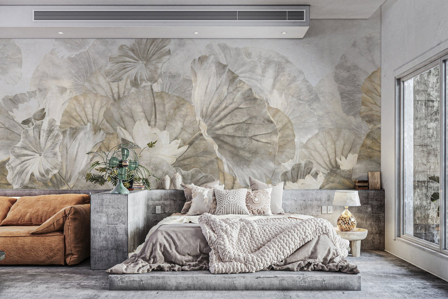 Detailed botanical wall mural with large neutral lotus leaf art.