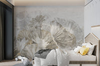 Grey and beige botanical wall mural with textured lotus leaf patterns.