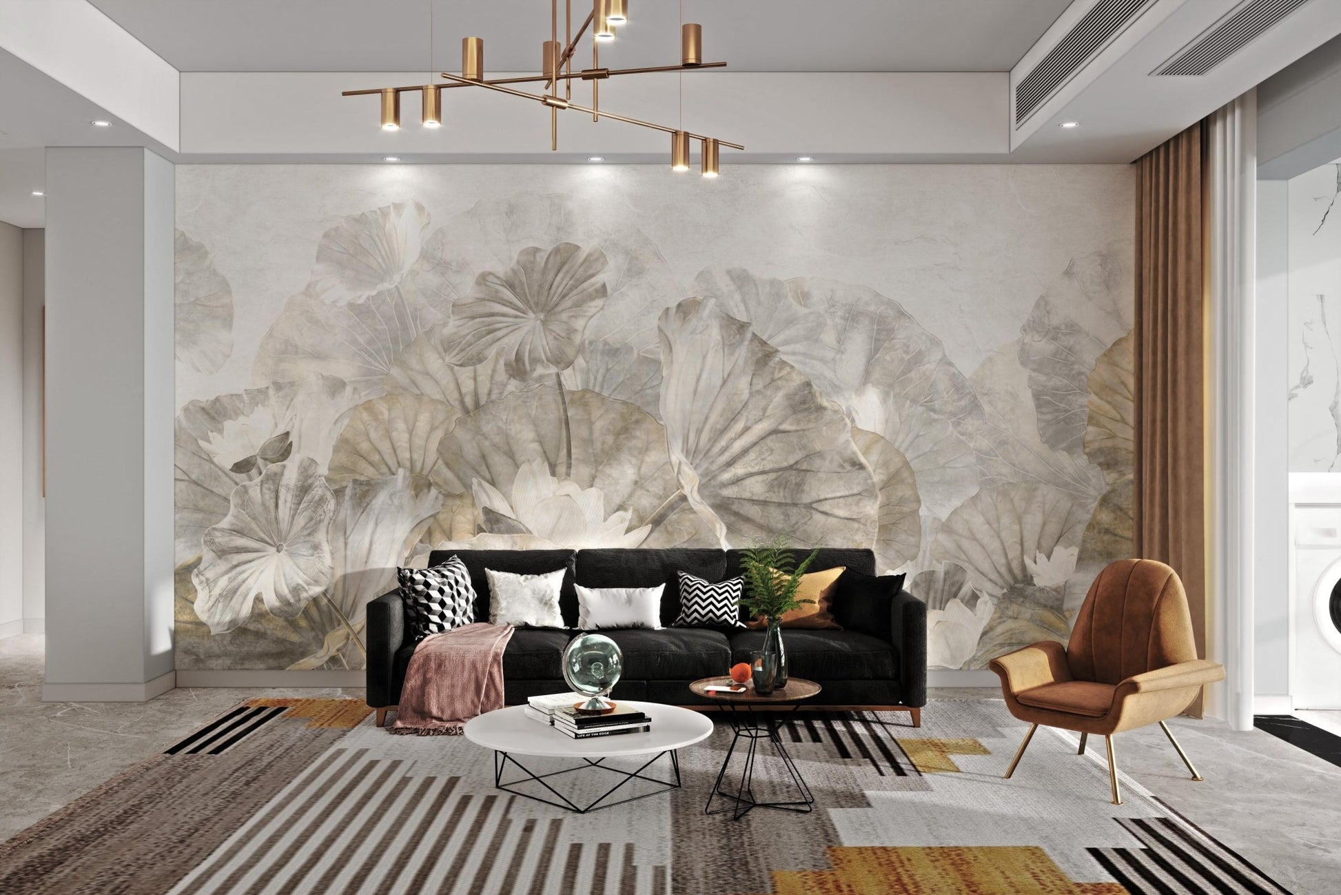 Neutral tone wall mural showing layered leaves and sketches in living area.