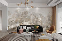 Neutral tone wall mural showing layered leaves and sketches in living area.