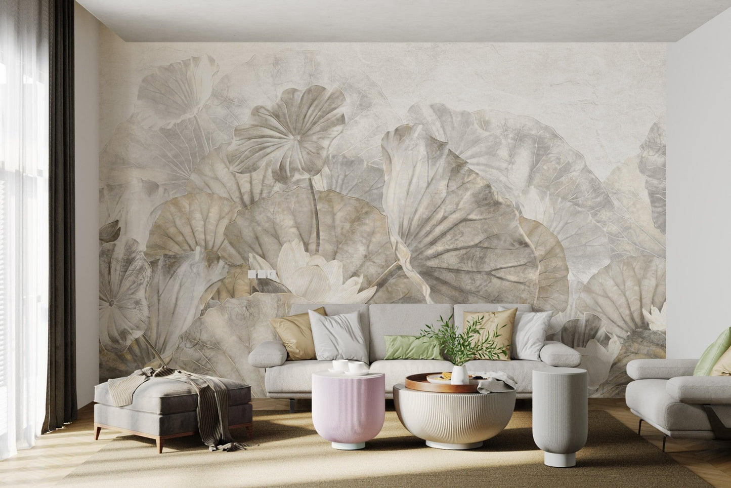 Muted Lotus Leaf Botanical Mural for a feature wall in bright living room.