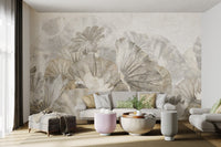 Muted Lotus Leaf Botanical Mural for a feature wall in bright living room.