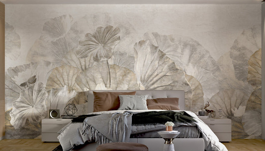 Large scale lotus leaf wall mural in cream and grey tones for bedroom.