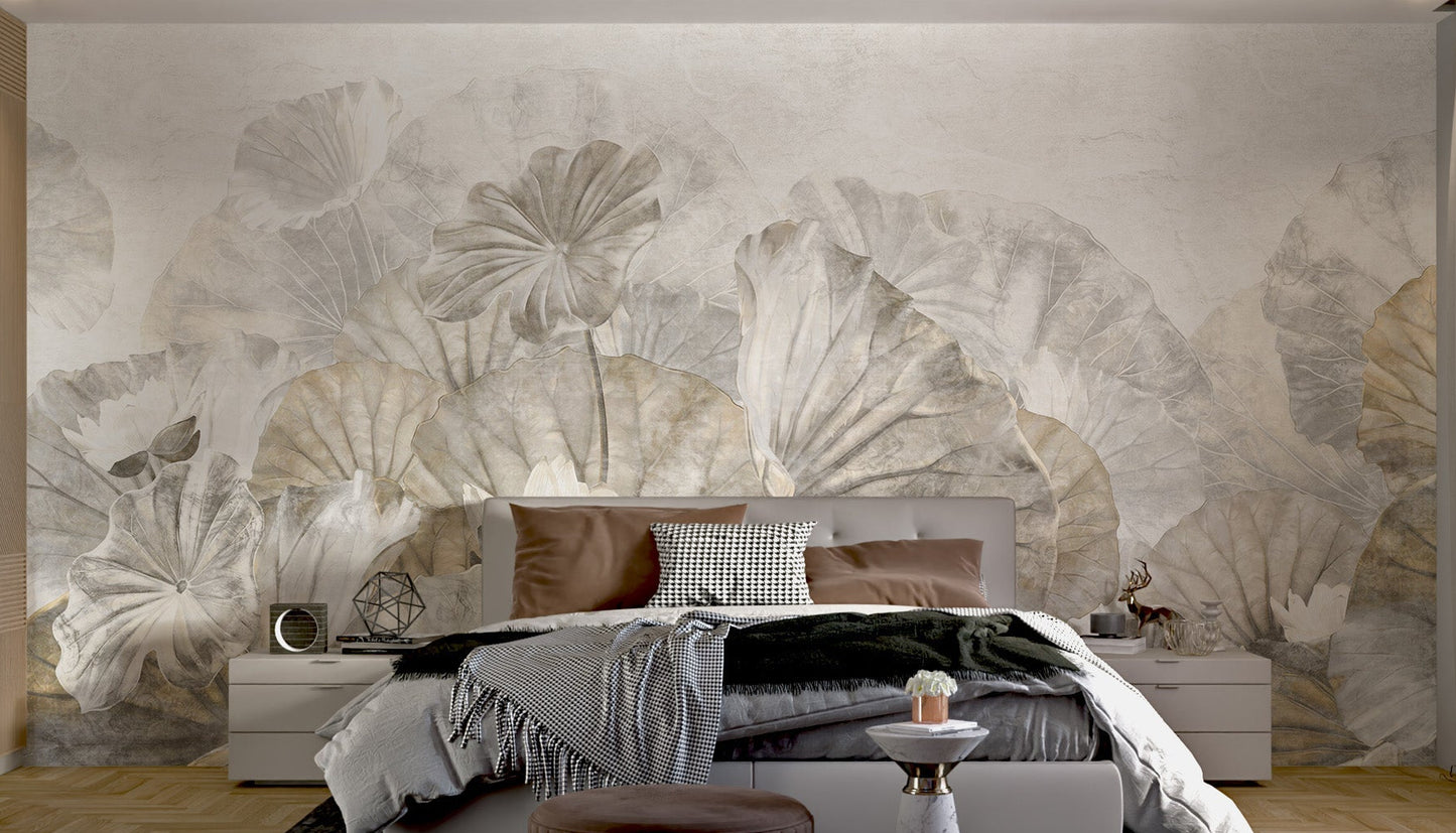 Large scale lotus leaf wall mural in cream and grey tones for bedroom.