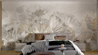Large scale lotus leaf wall mural in cream and grey tones for bedroom.