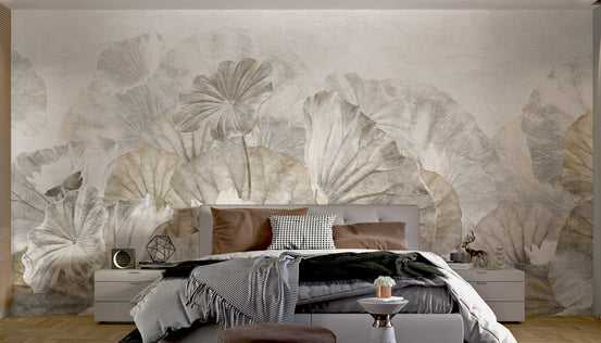 Large scale lotus leaf wall mural in cream and grey tones for bedroom.