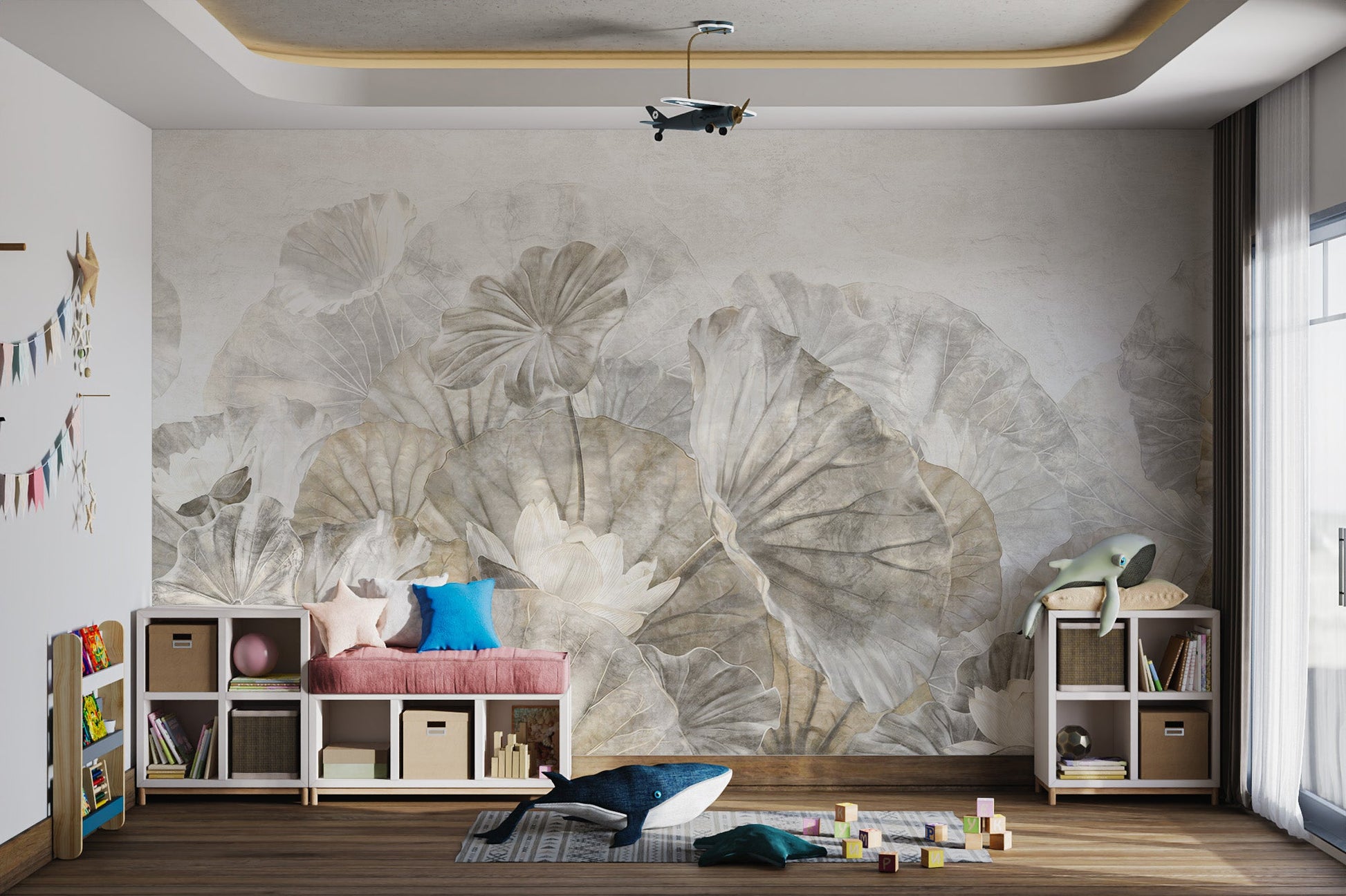 Hand drawn botanical wall mural featuring lotus flowers and leaves.
