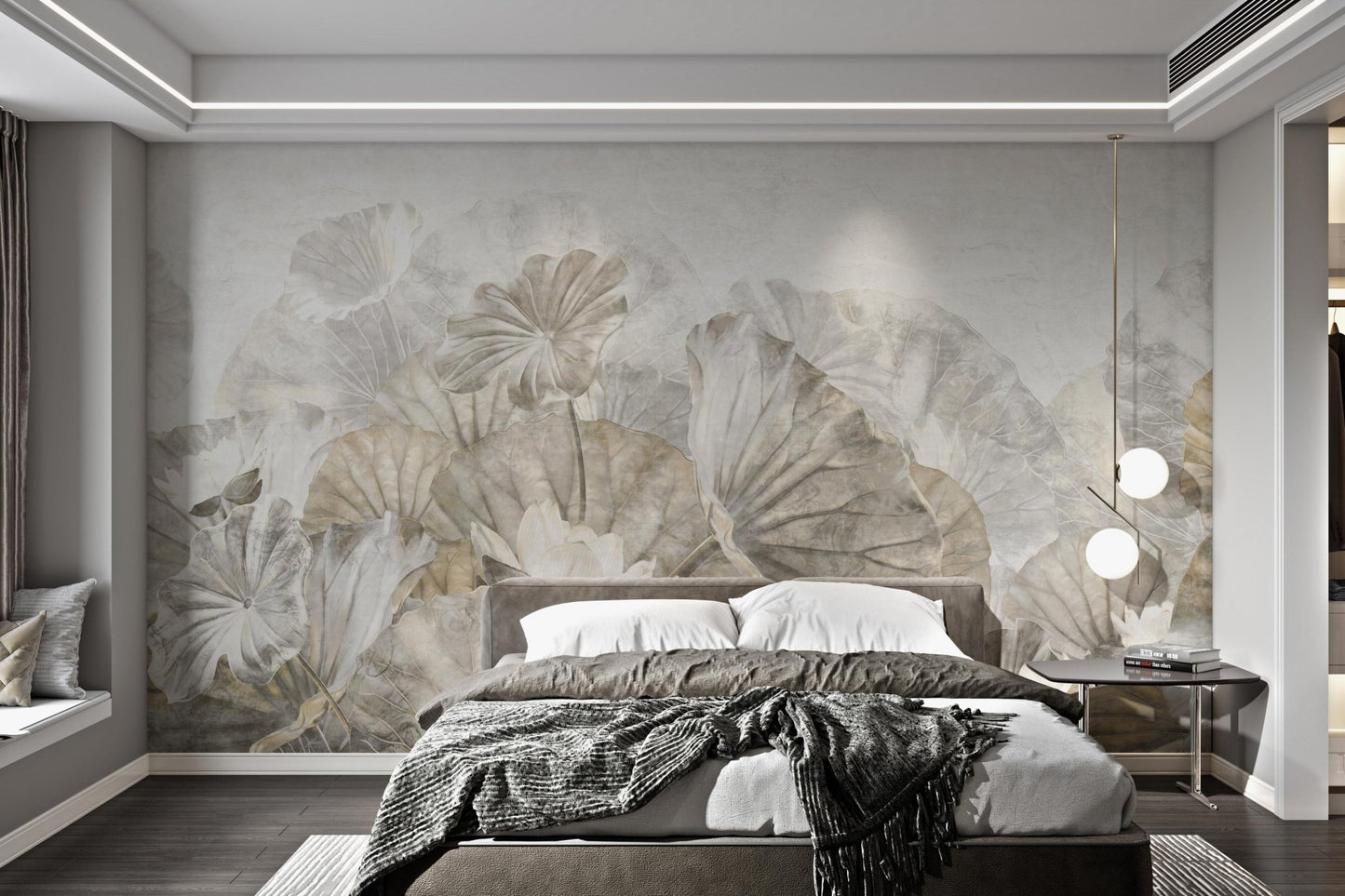 Muted Lotus Leaf Botanical Mural with vintage floral art in master bedroom.
