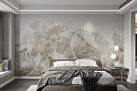 Muted Lotus Leaf Botanical Mural with vintage floral art in master bedroom.