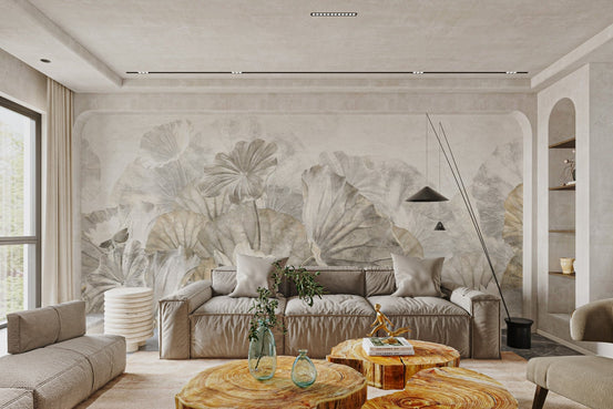 Botanical leaf mural in muted earth tones and white for living room.