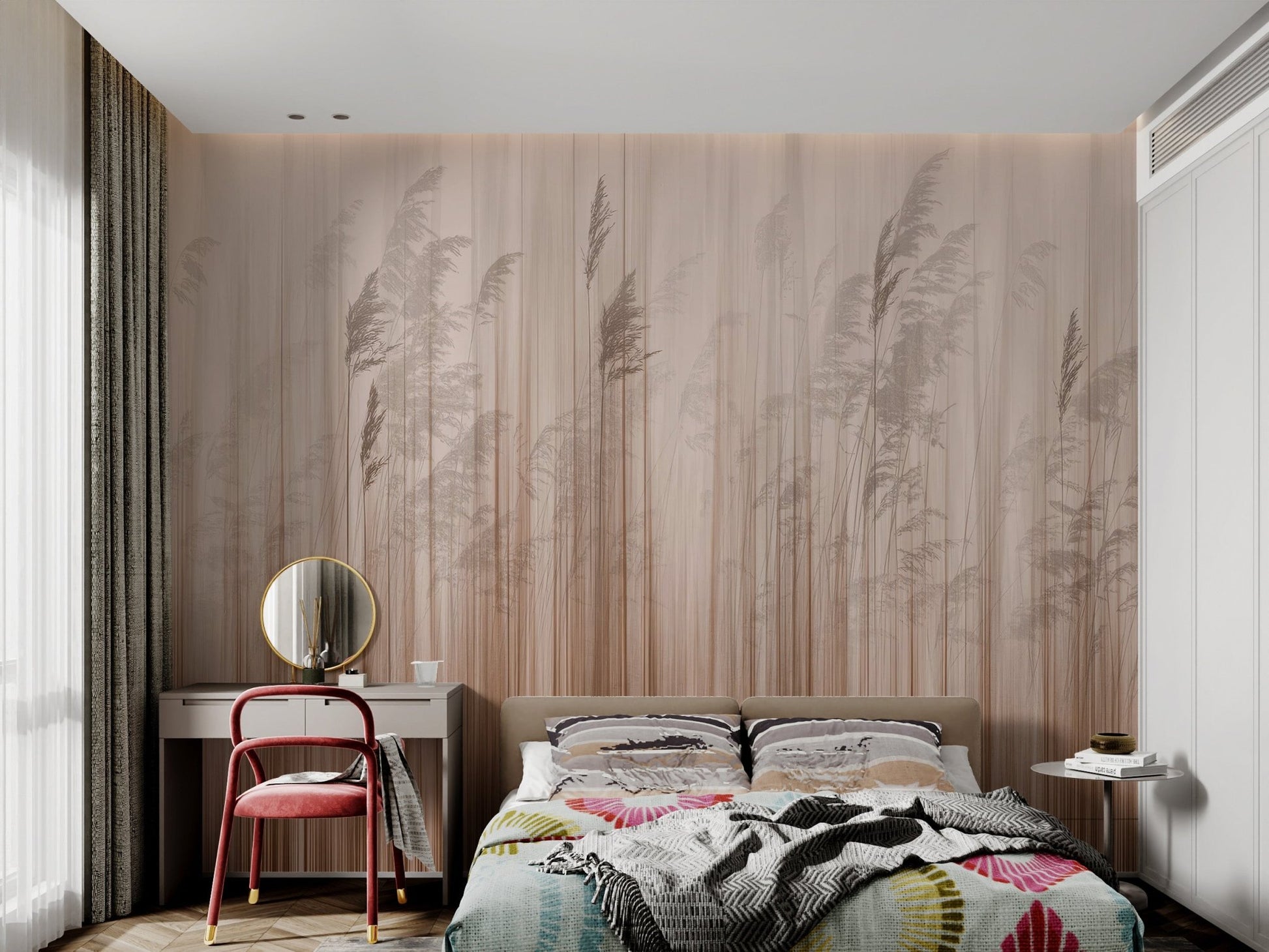 Minimalist wall mural featuring abstract reeds in soft brown tone for bedroom.
