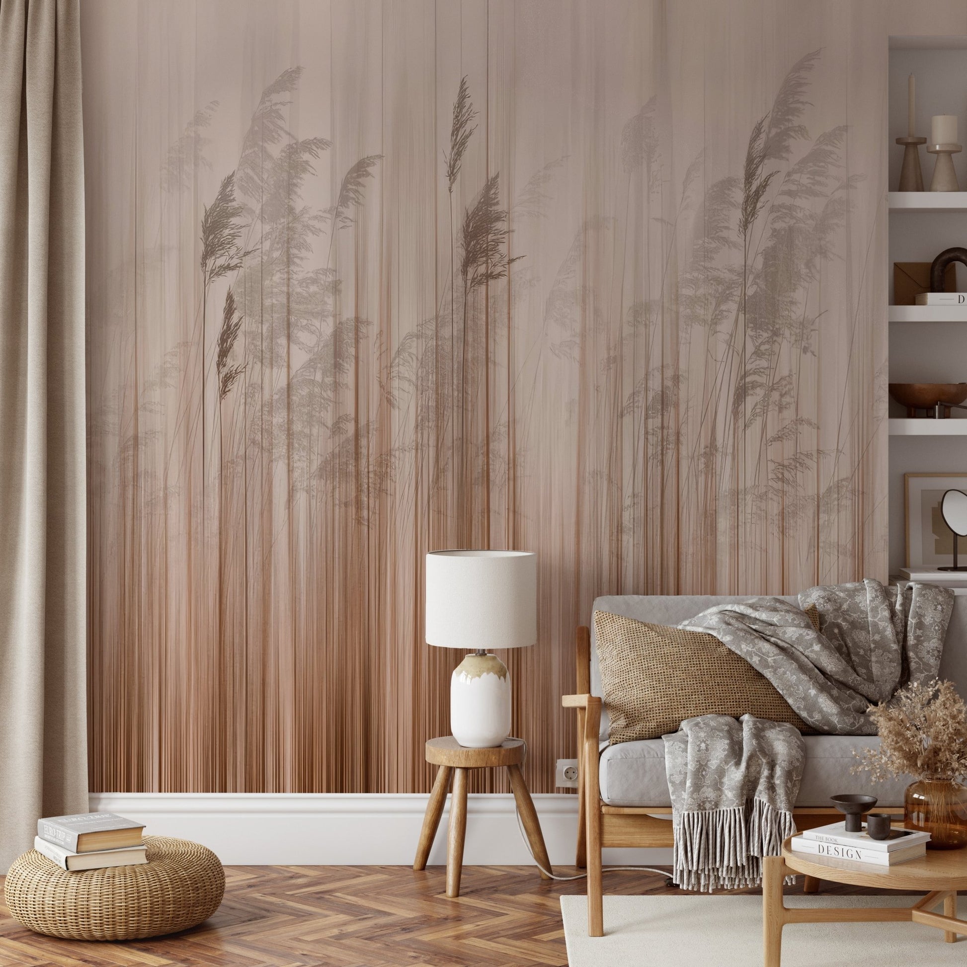 Tall reeds with a soft vertical blur in earthy tones for a relaxing wall mural.