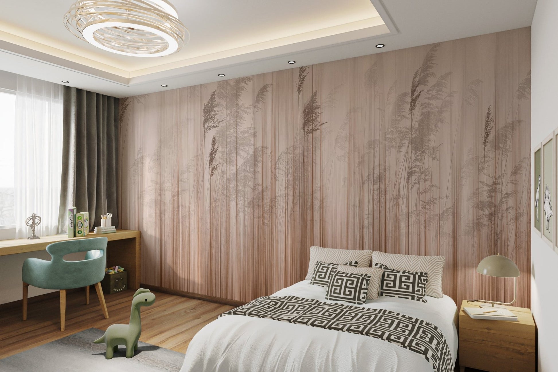 Vertical reed pattern mural in beige and brown tone for kids bedroom.
