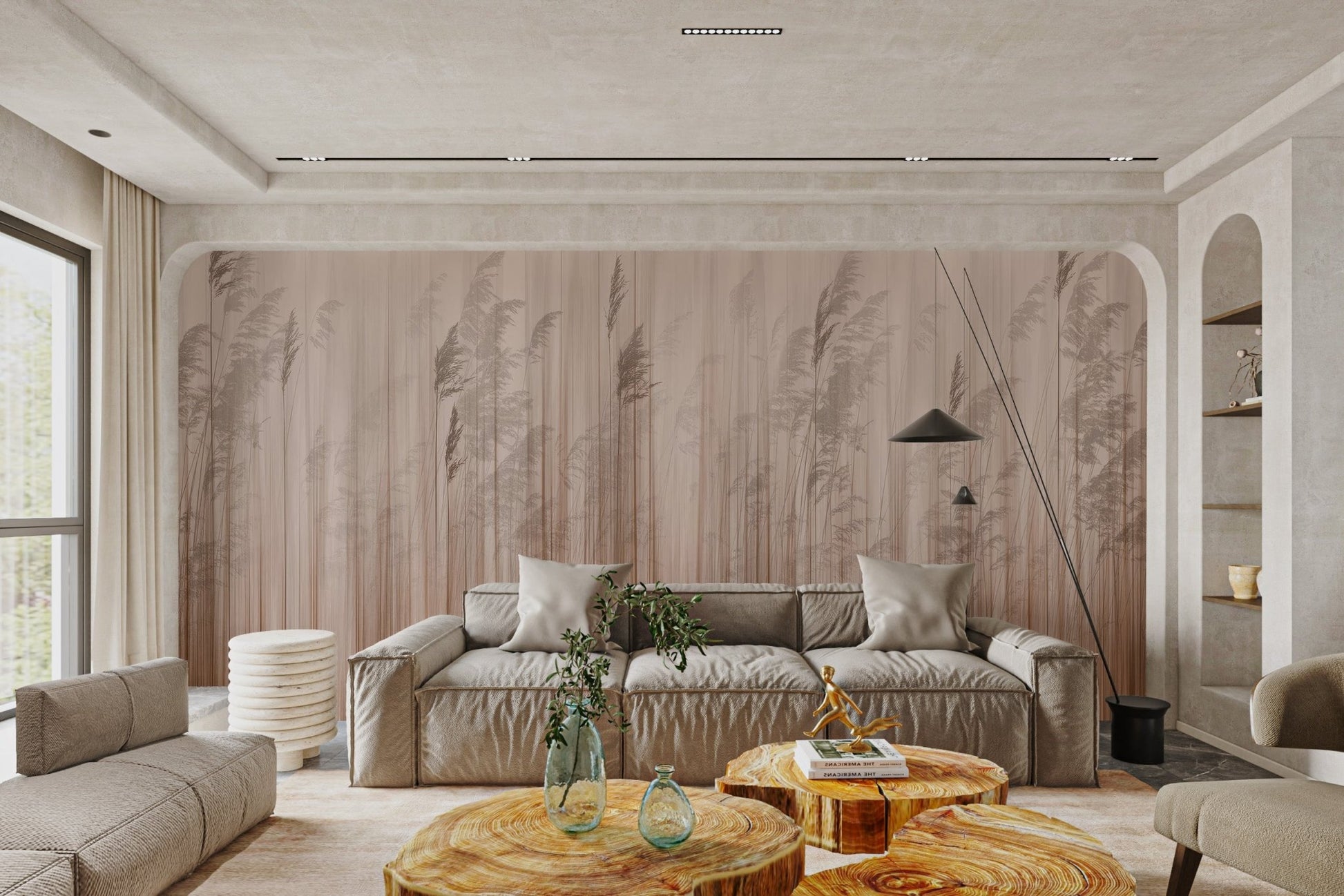 Serene reed grass wall mural with soft vertical lines in brown and beige tones.