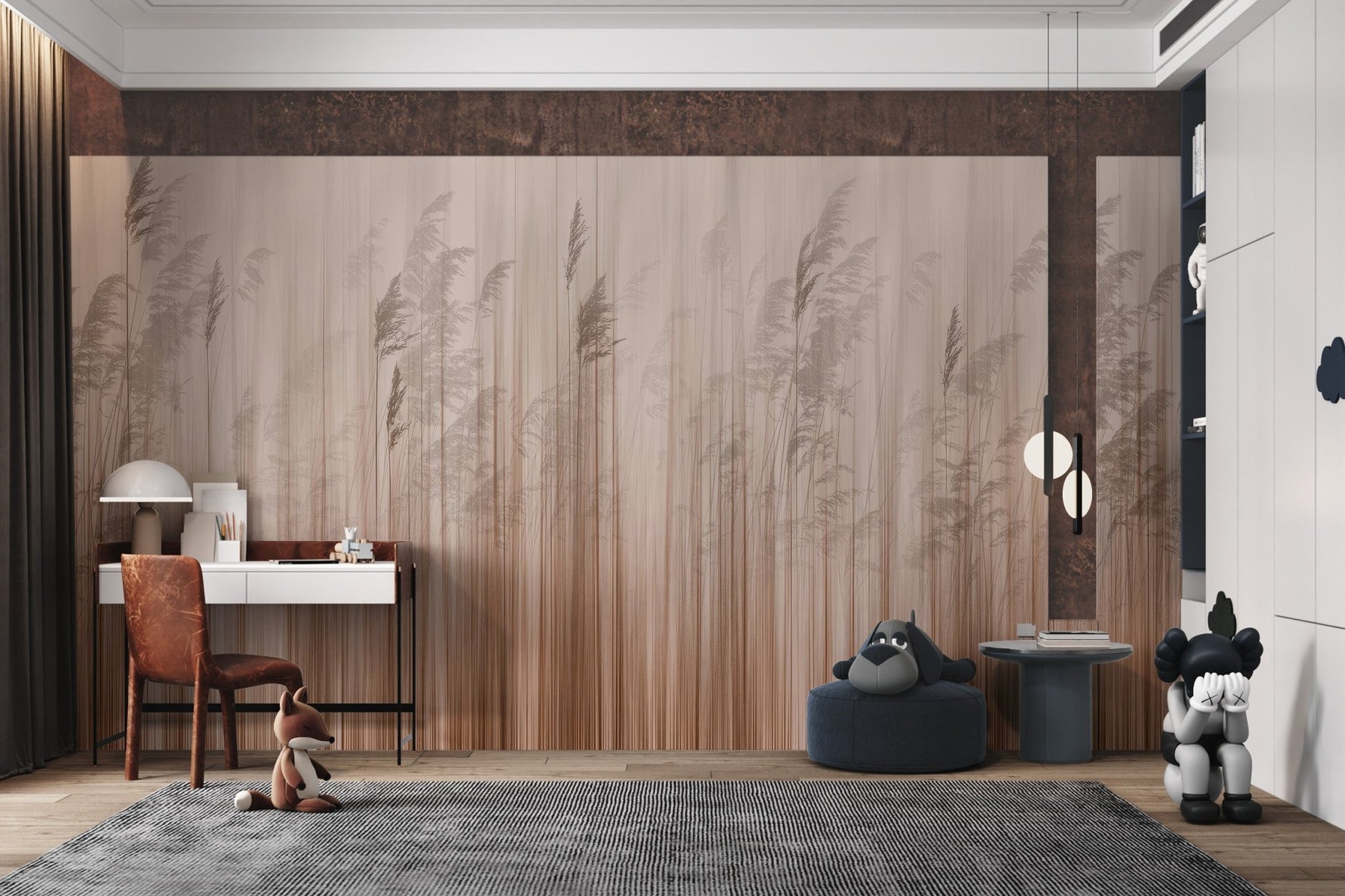 Subtle nature inspired grass print wall mural for a neutral study room.