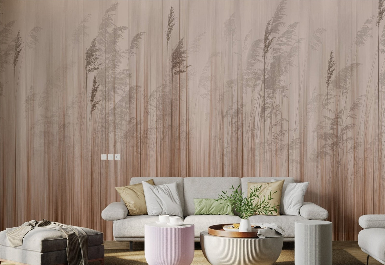 Muted reed grass wall mural with soft vertical lines for bright living room.