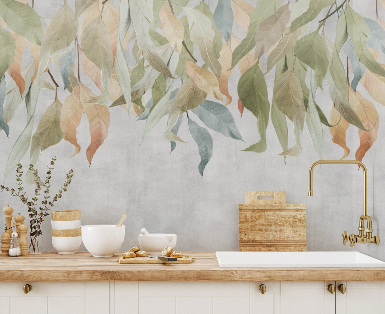 Muted Sage Hanging Foliage Mural Wall Mural