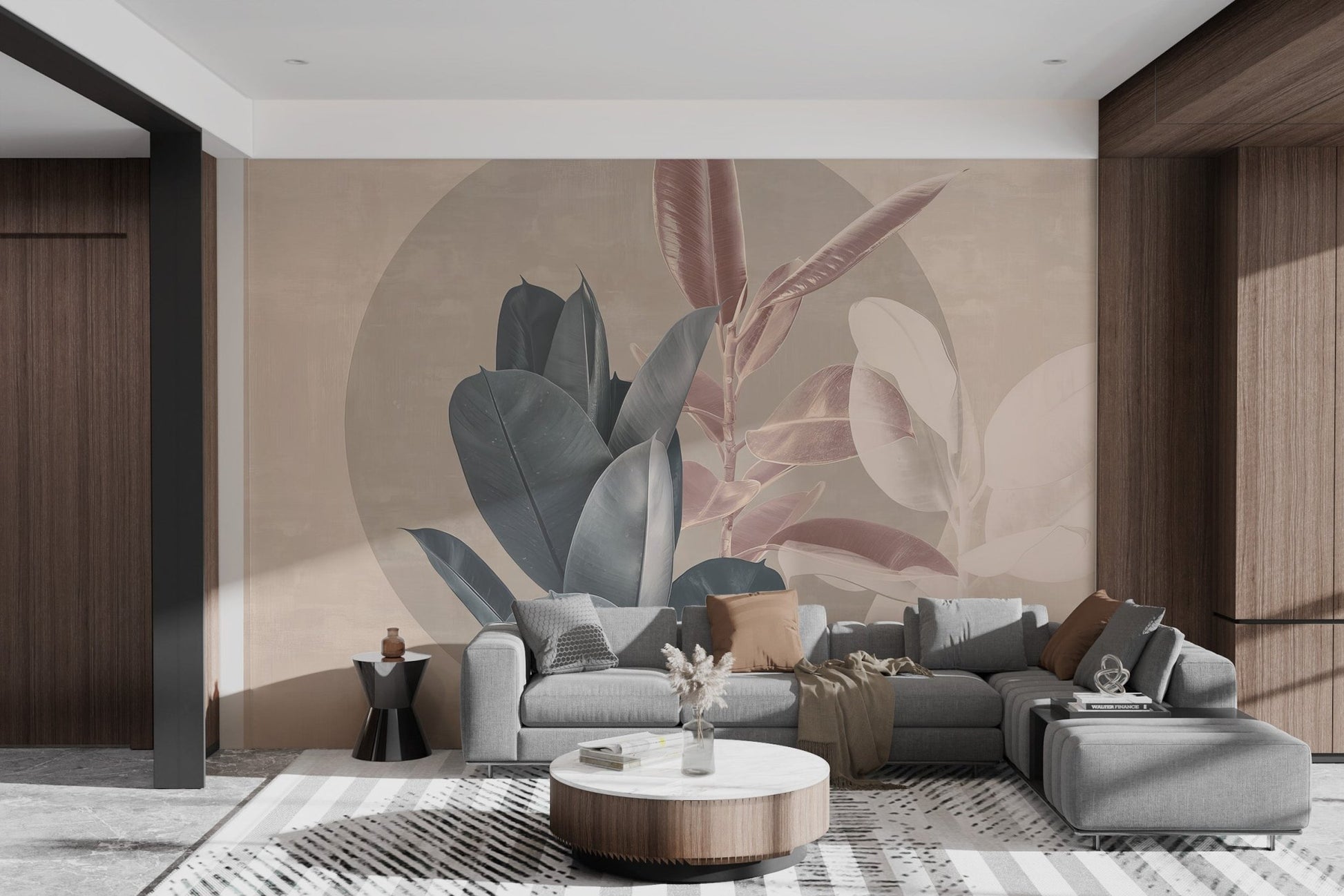 Modern botanical wall mural with faded beige and dark blue plant art.