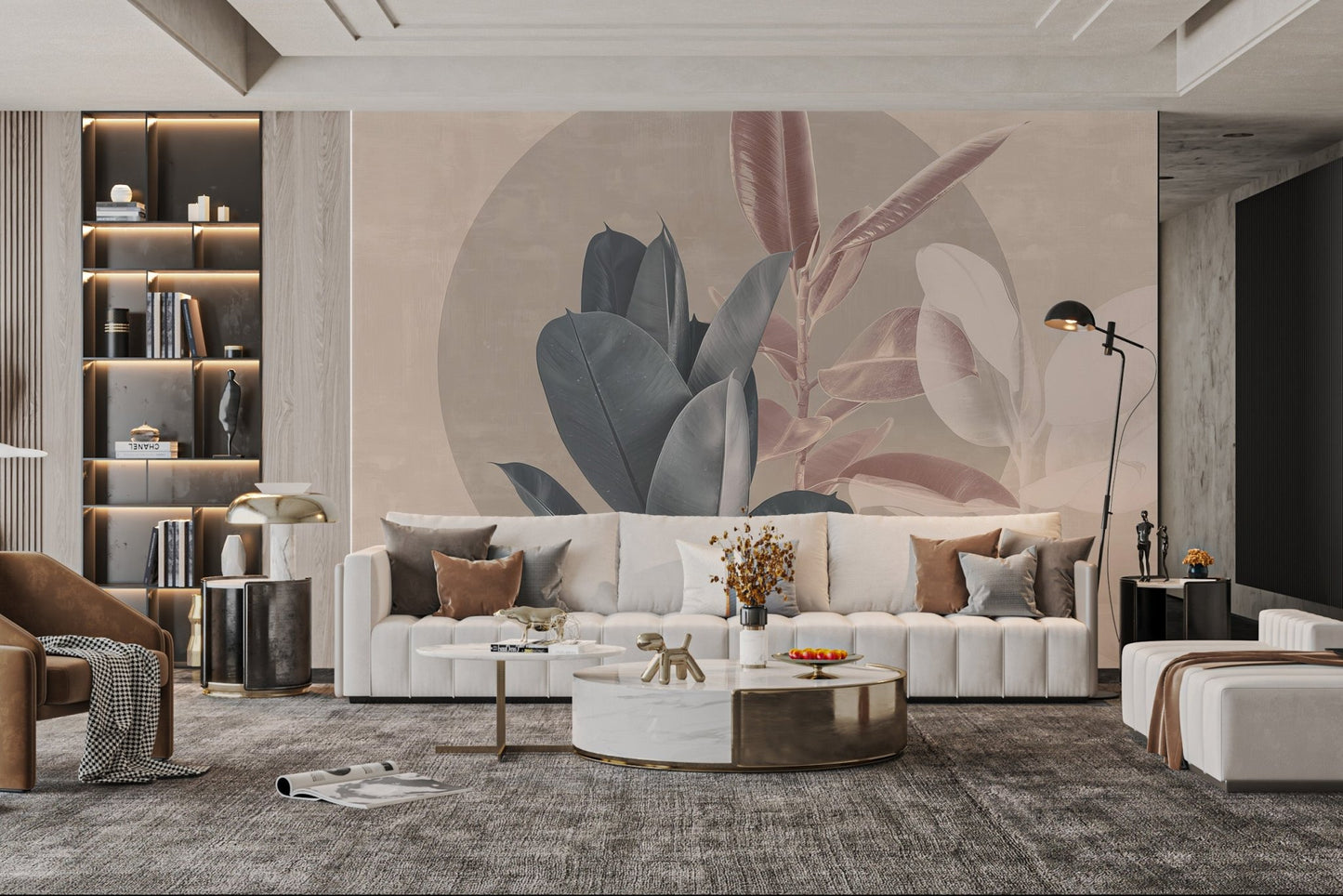 Abstract botanical wall mural for living room with muted pastel leaf prints.