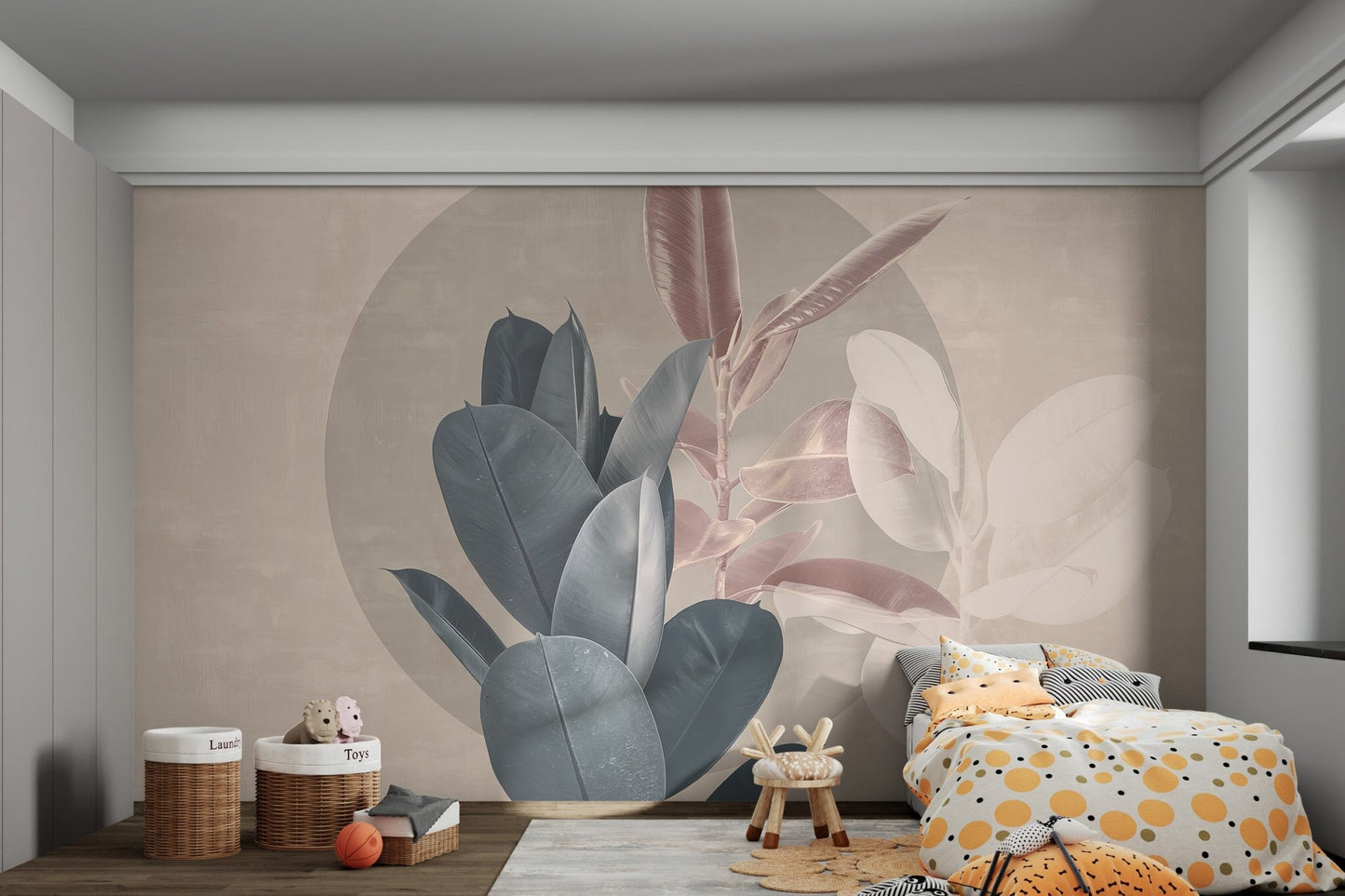 Abstract large leaf wall mural with a circular pattern for kids bedroom.