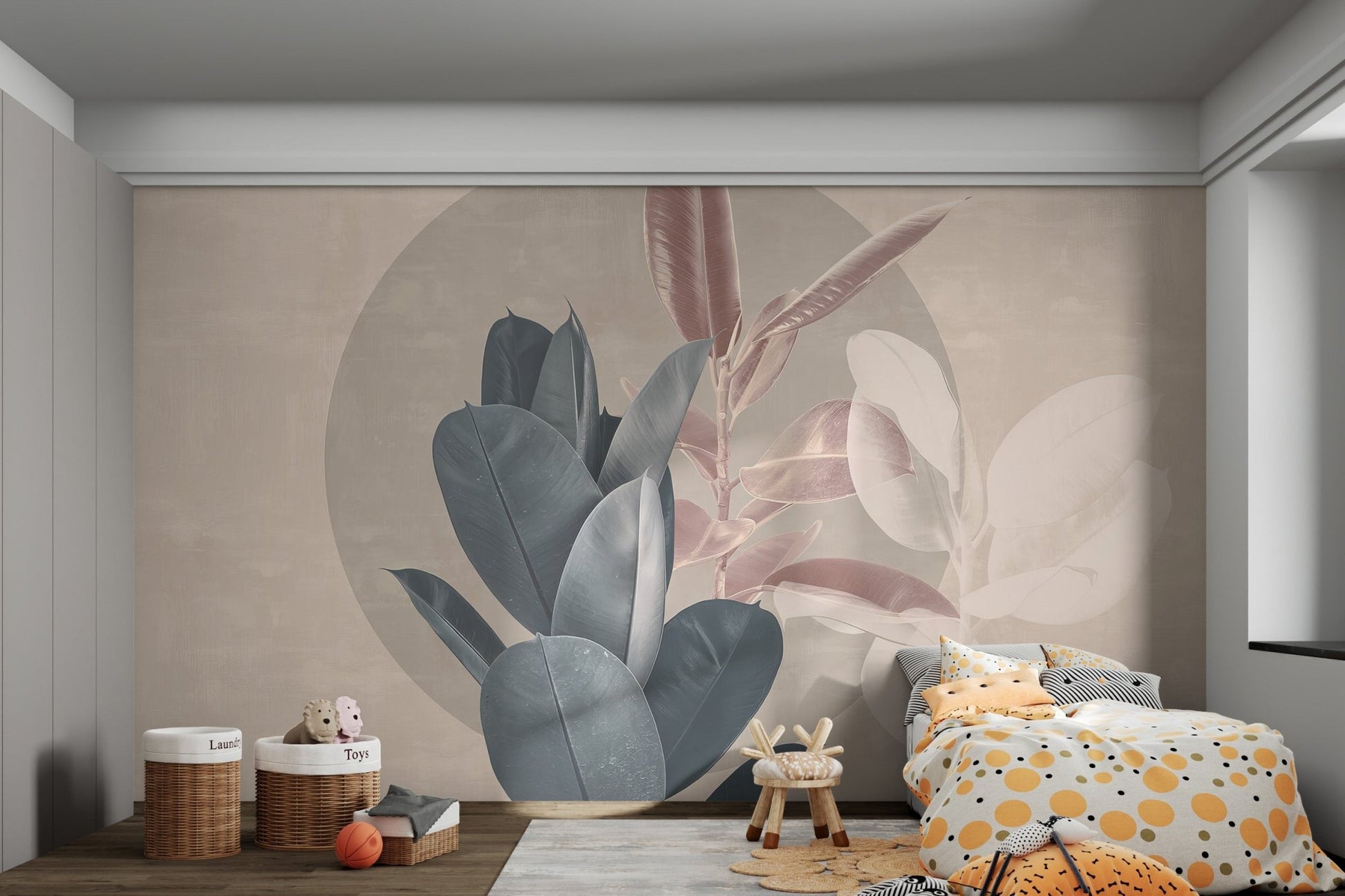Abstract large leaf wall mural with a circular pattern for kids bedroom.