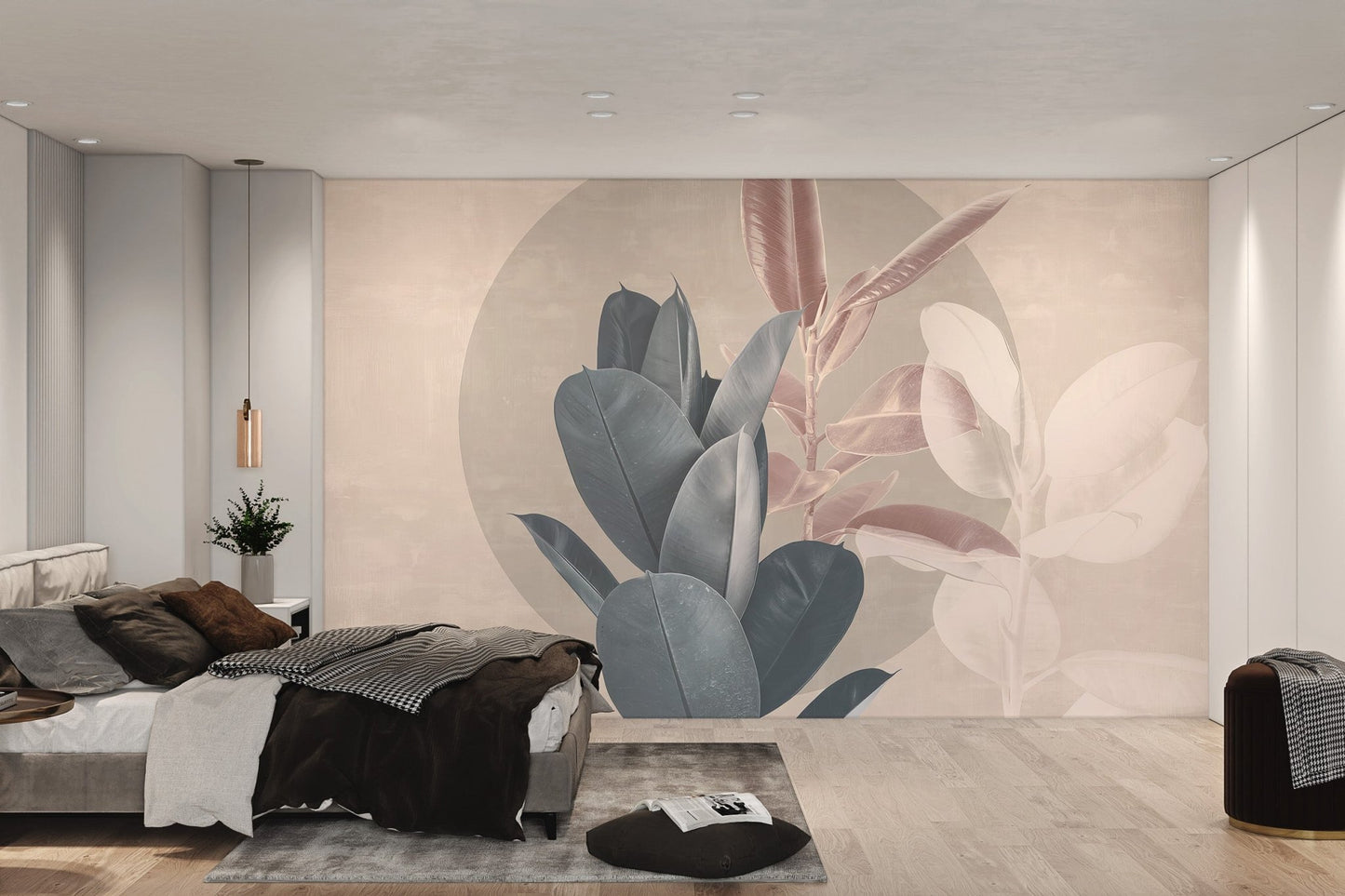 Beige background wall mural featuring large blue leaves for bedroom.