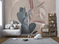 Muted Tones Floral Leaf Wall mural showing overlapping plant graphics art.
