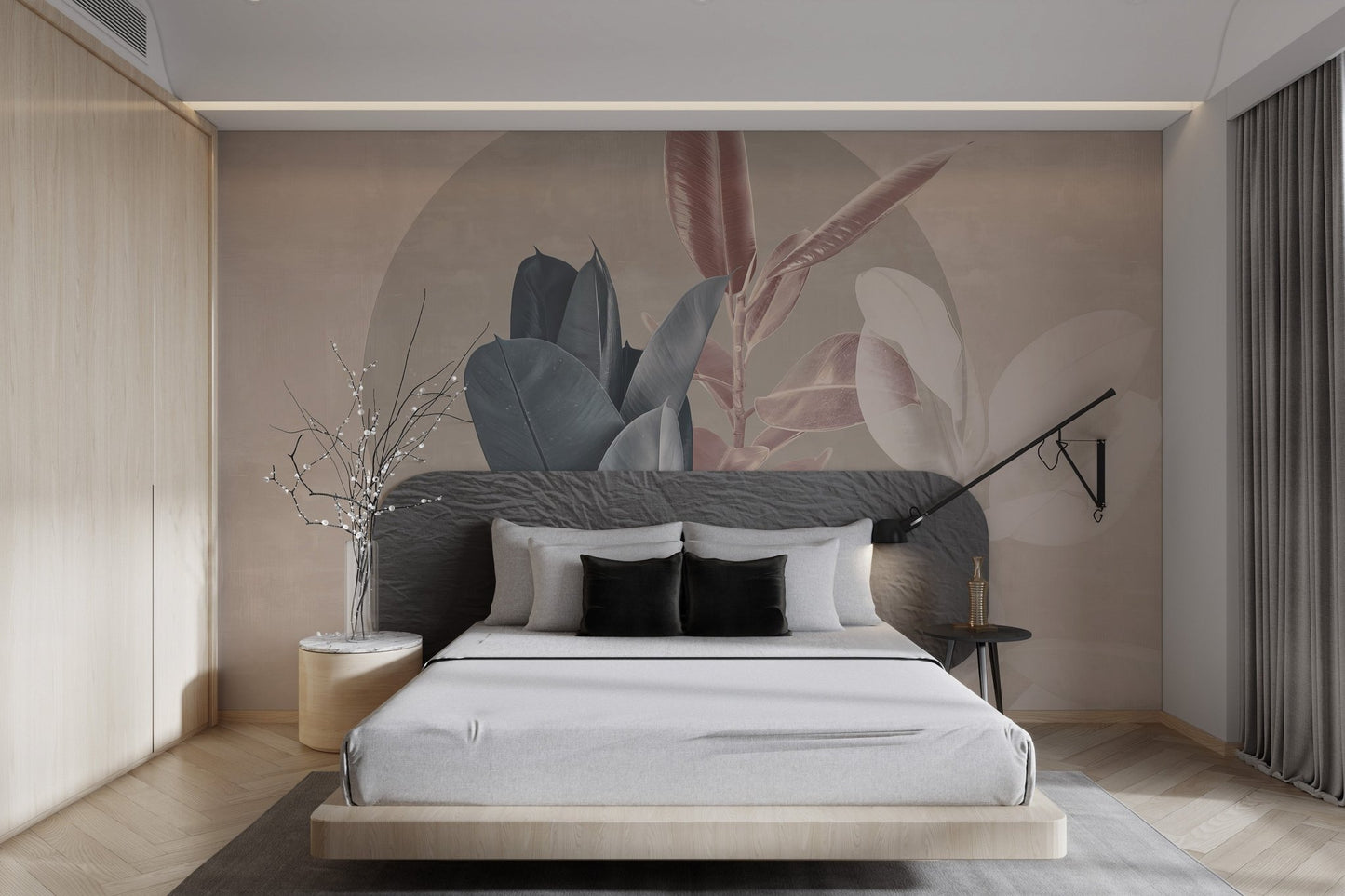 Elegant muted wall mural with abstract foliage art for master bedroom.