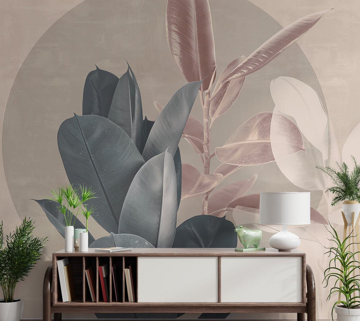 Contemporary wall mural featuring muted dark blue and leaves for hallway.