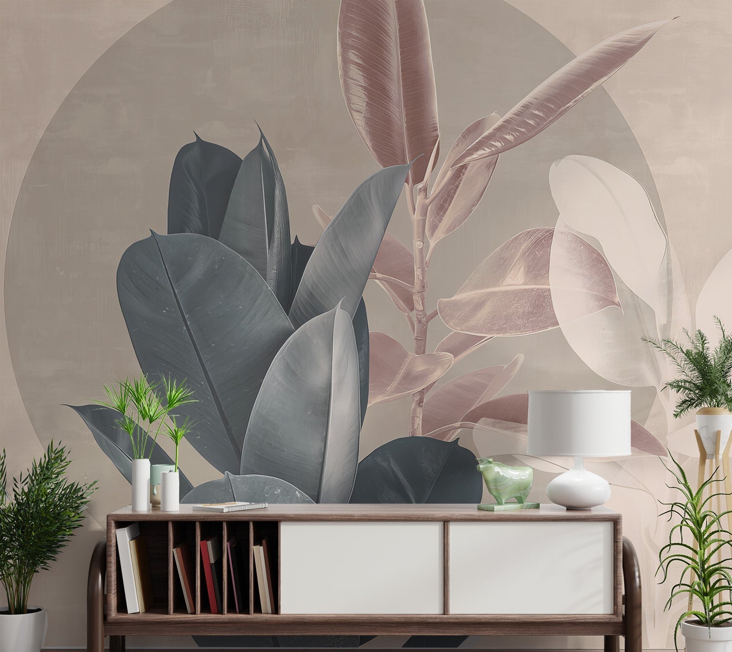 Contemporary wall mural featuring muted dark blue and leaves for hallway.