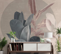 Contemporary wall mural featuring muted dark blue and leaves for hallway.