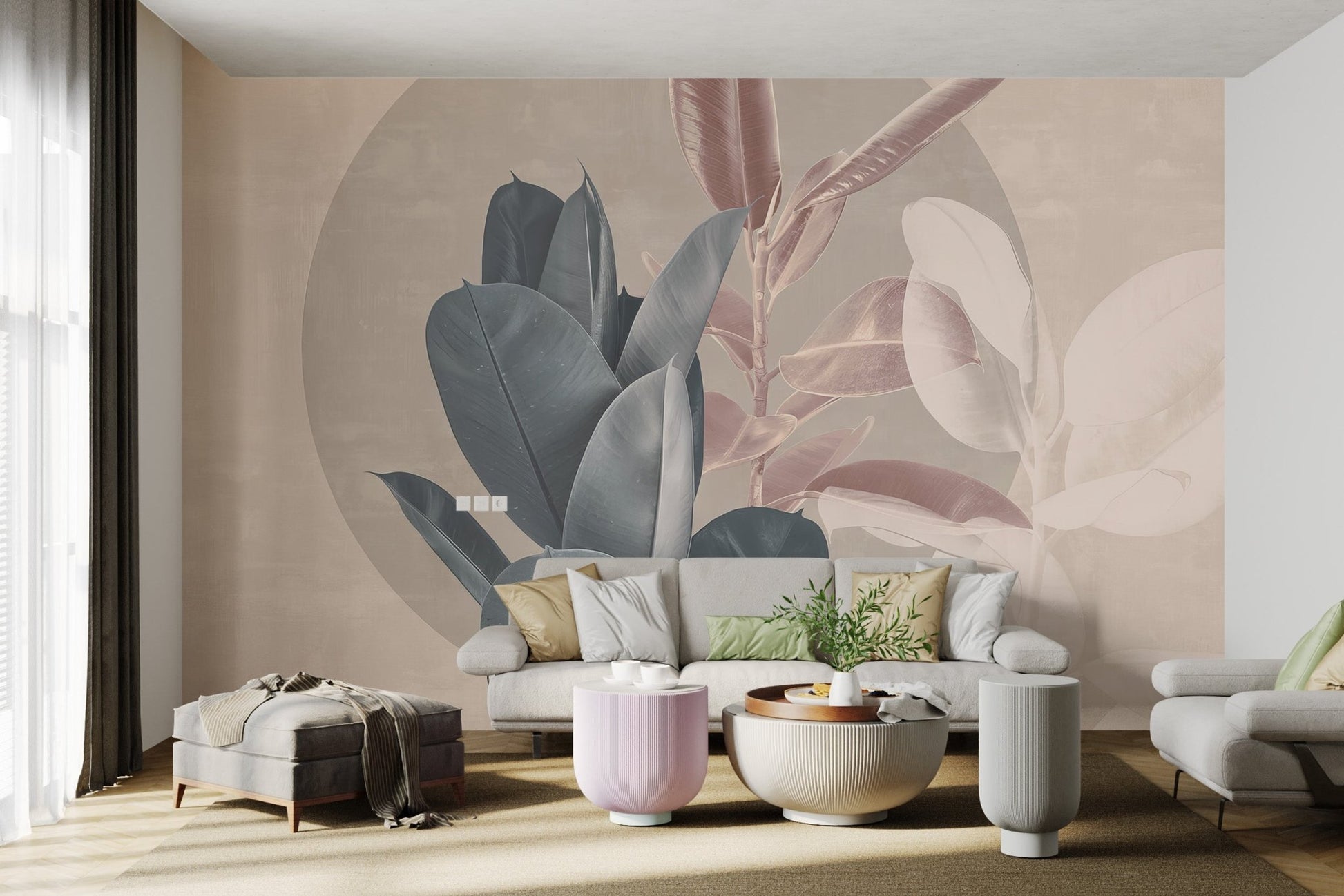 Muted Tones Floral Leaf Wall mural in neutral shades for modern living room