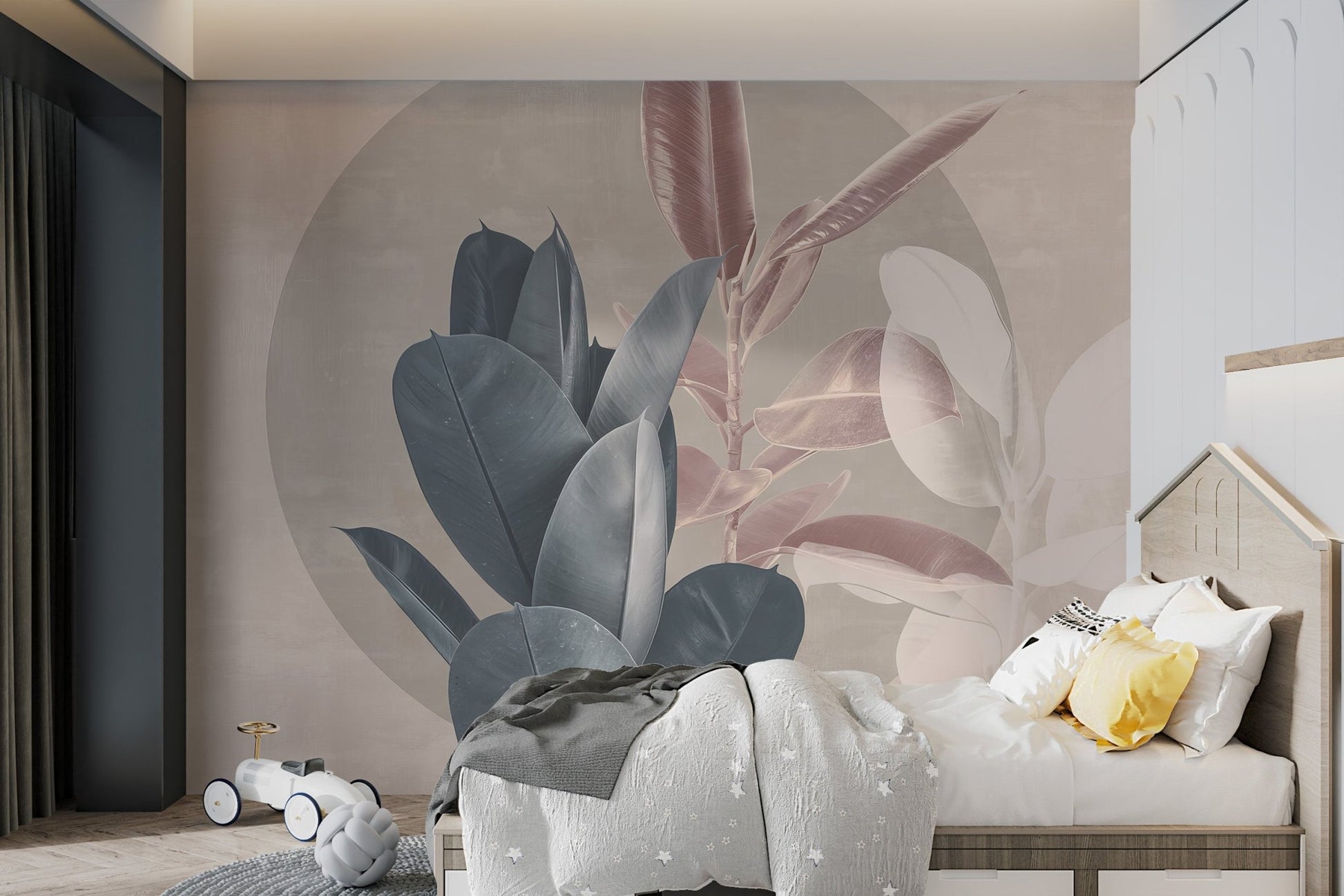 Contemporary plant-themed wall mural blending muted green and dusty leafs.