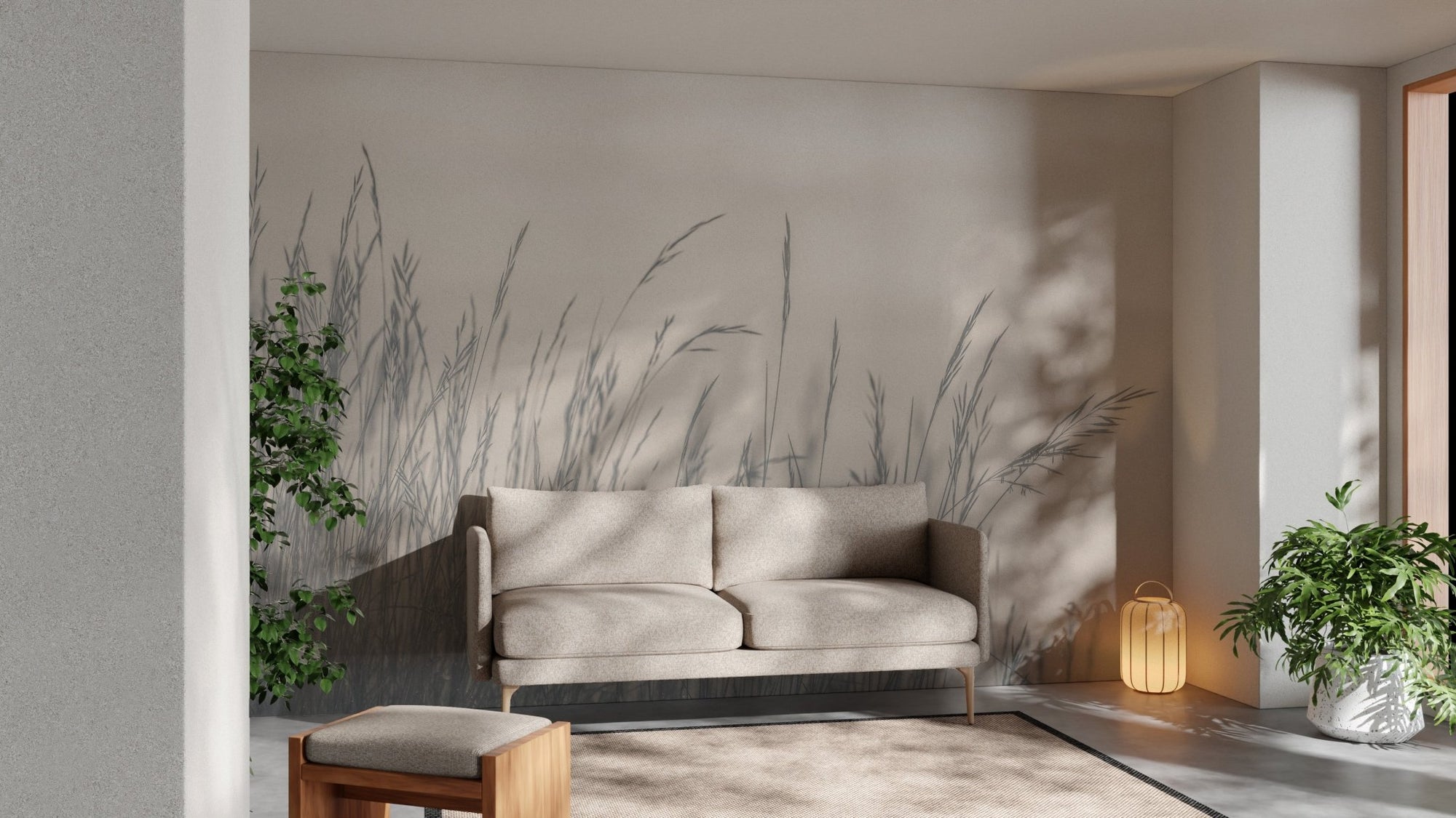 Grey grass landscape wall mural in a minimalist living room with a beige sofa.