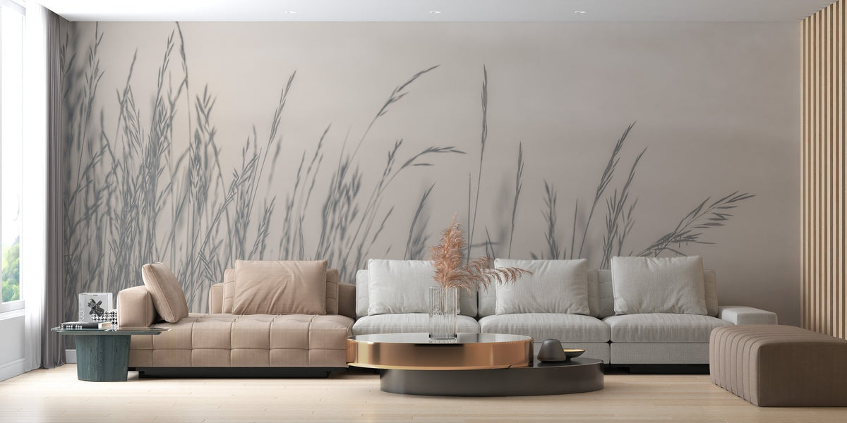 Wild foggy grass wall mural in a spacious living area with a grey sectional sofa.