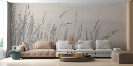 Wild foggy grass wall mural in a spacious living area with a grey sectional sofa.