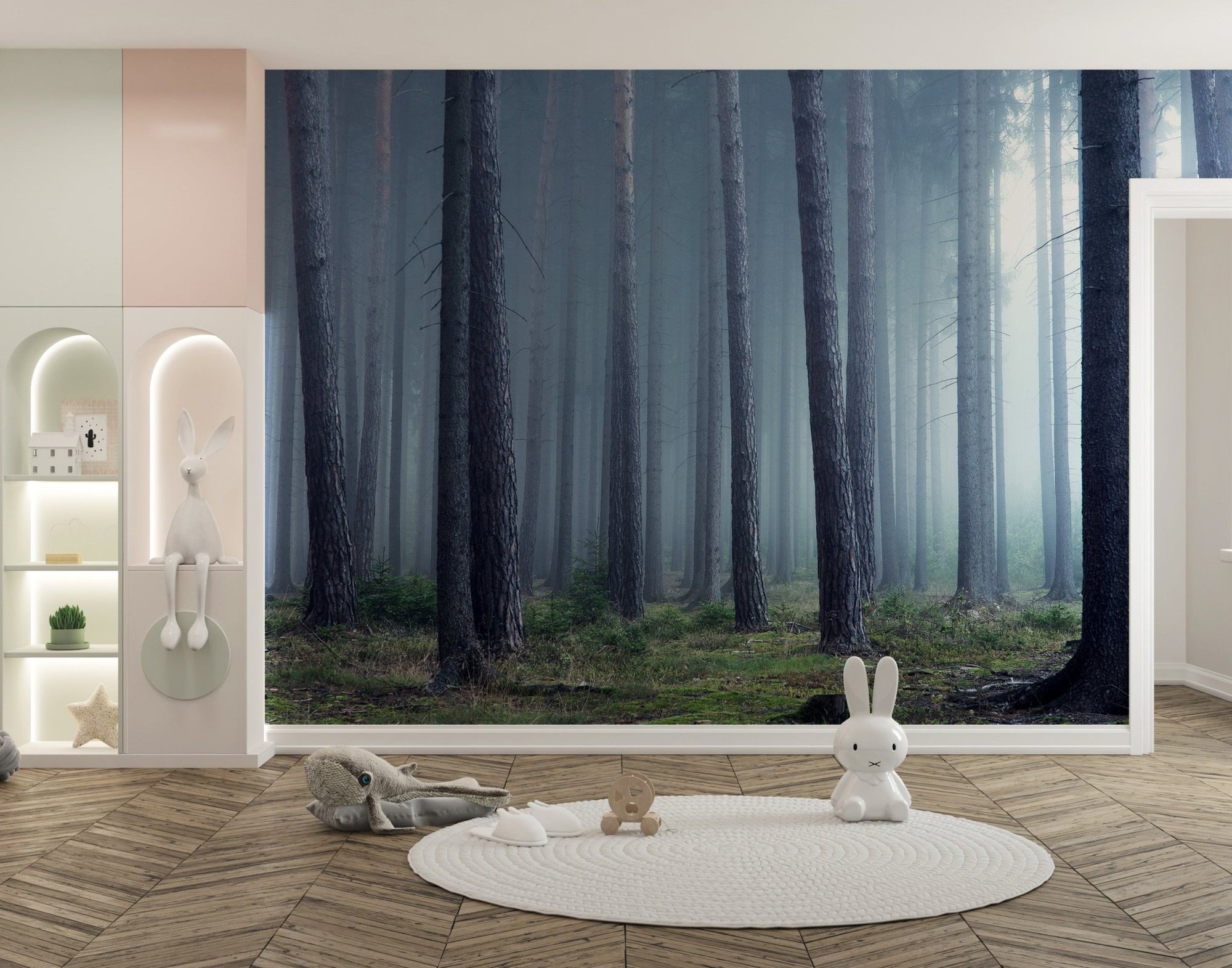 Mysterious Misty Forest Wall Murals in a kids' nursery with a white circular rug.