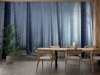 Foggy woodland mural with a mysterious forest landscape.
