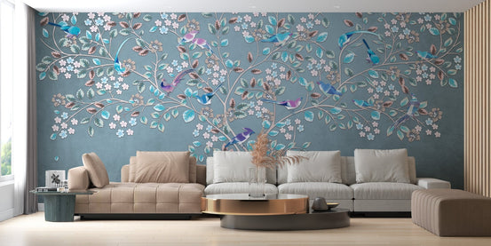 Living room wall mural with detailed nature motifs and blue tones.