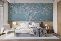 Mystic Azure Canopy Wall Mural with vibrant flora