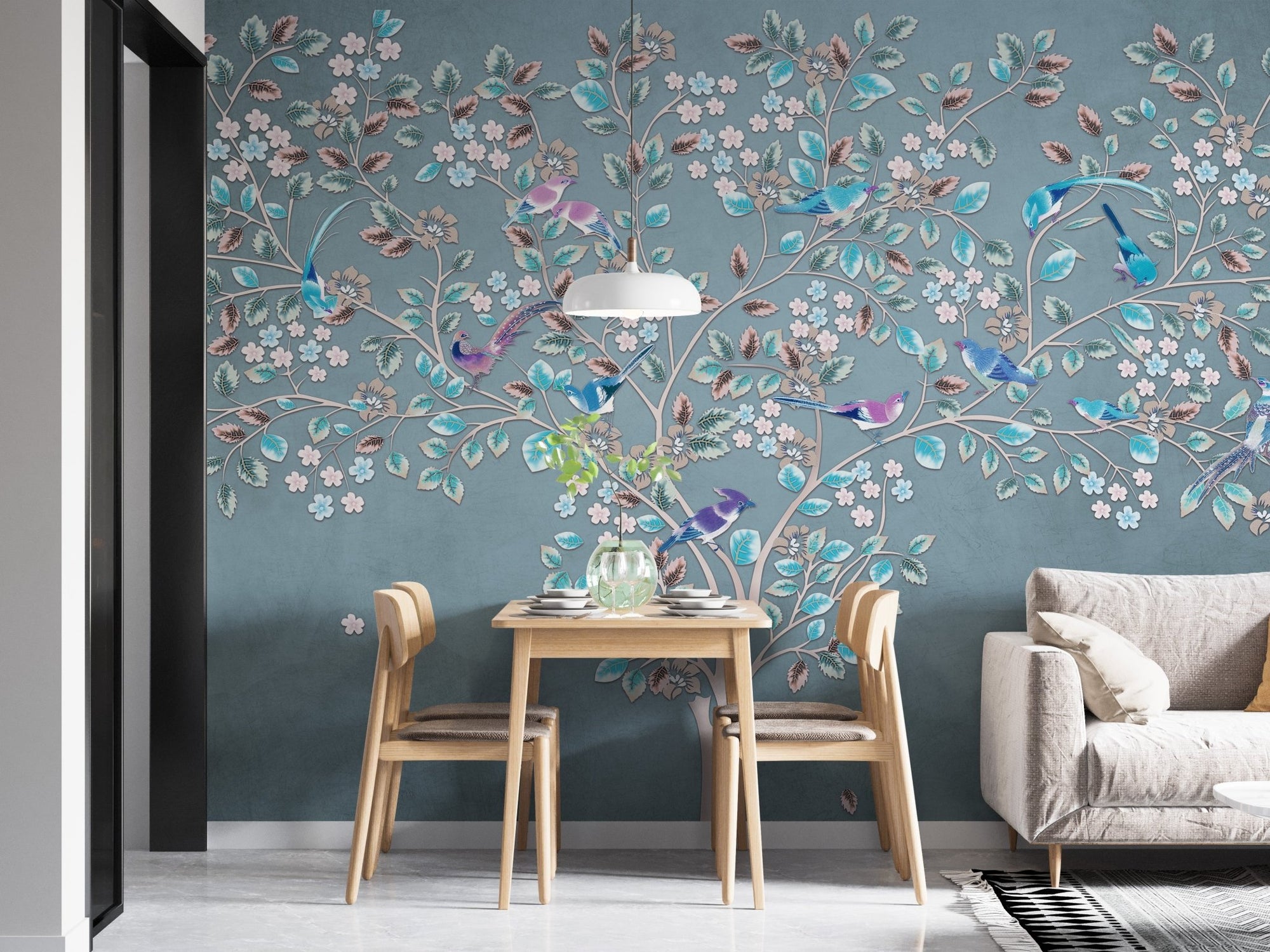 Mystic Azure Canopy Flora and Fauna Wall Mural in a dining room.