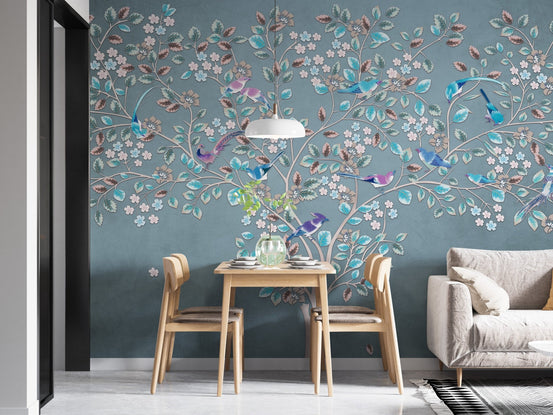 Mystic Azure Canopy Flora and Fauna Wall Mural in a dining room.