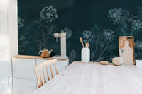 Dark teal meadow wallpaper mural with white botanical silhouettes.