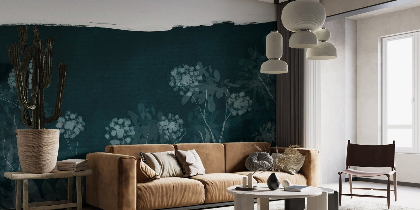Artistic botanical wall mural in midnight teal wallpaper finish.