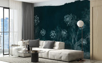 Modern teal botanical wallpaper mural with painted stems.