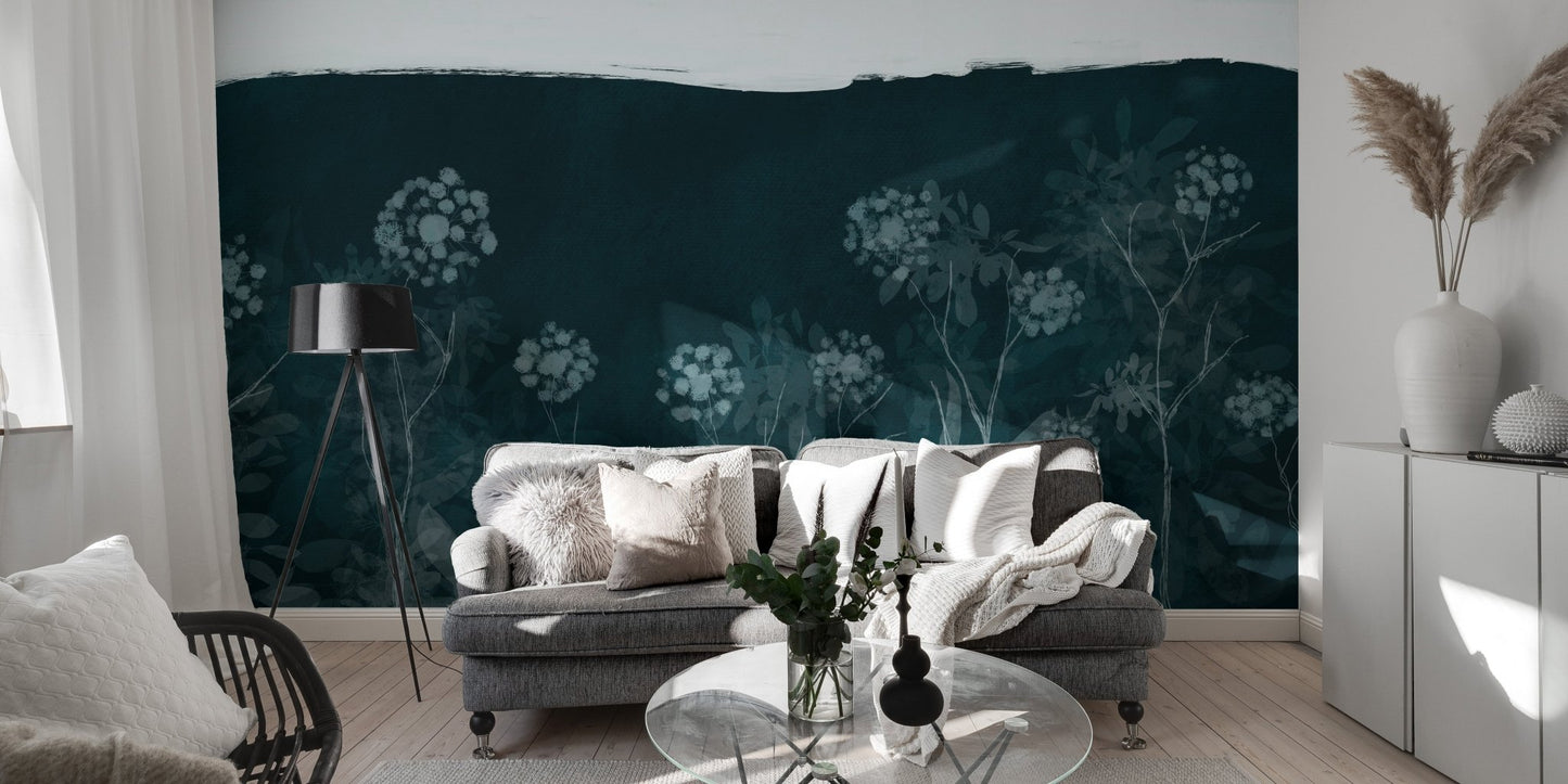 Dreamy meadow wallpaper mural with layered foliage artwork.