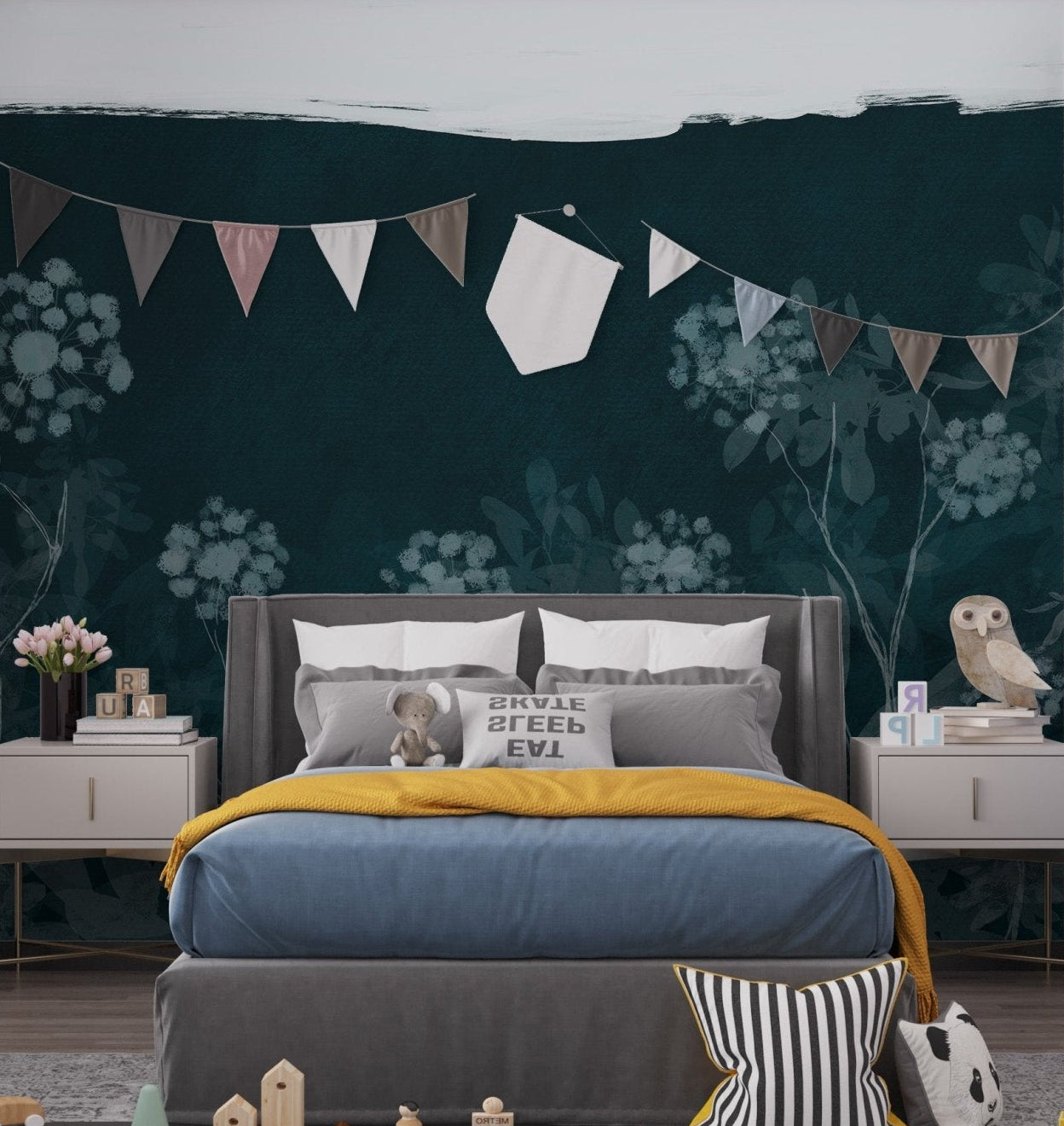 Watercolor meadow night wallpaper with soft white wildflower stems.