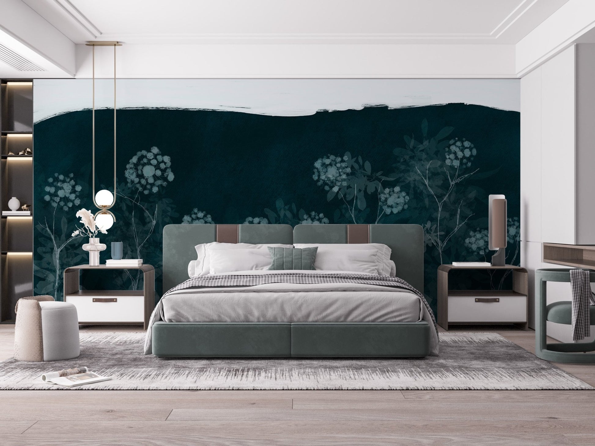Contemporary meadow wall mural with abstract floral wallpaper art.