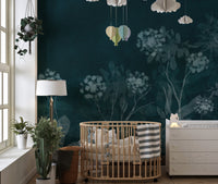 Mystic meadow night wall mural with teal floral watercolor wallpaper design.