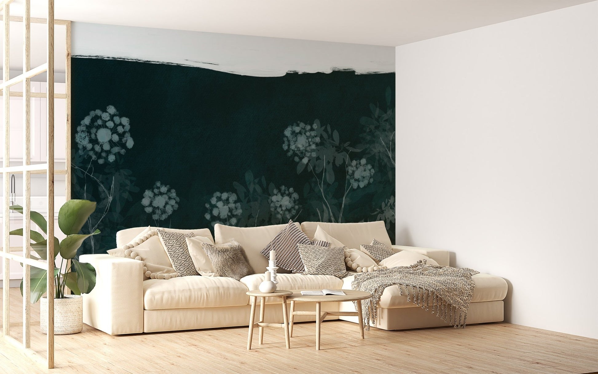 Elegant dark floral wallpaper wall mural with misty texture.